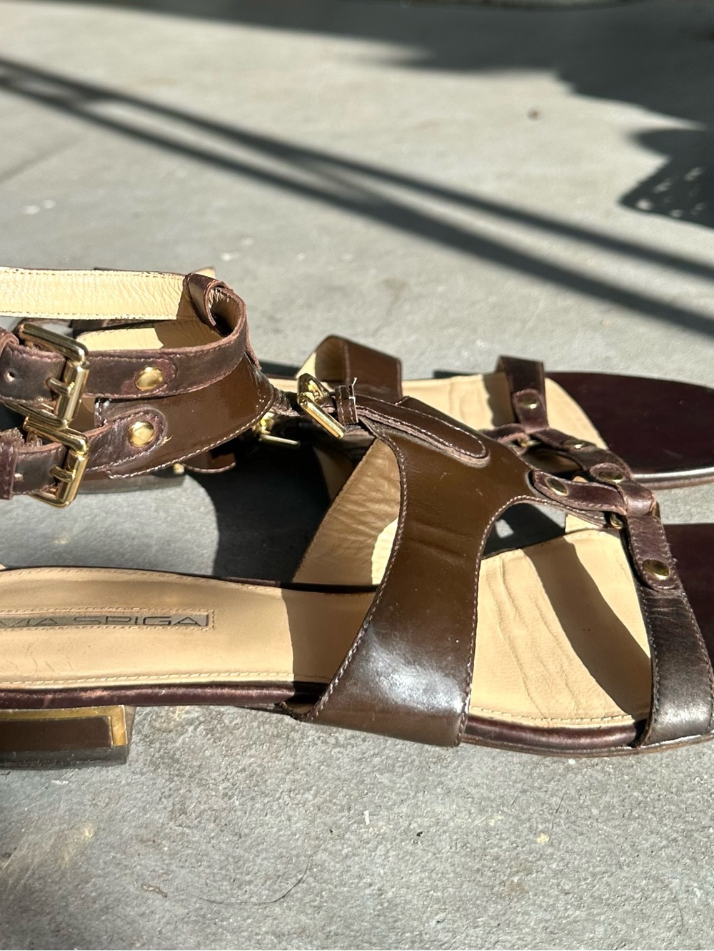 Via Spiga Gladiator Sandals Brown Leather & Patent Ankle-Strap Sandals